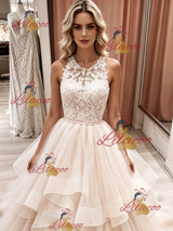Champagne Tulle Lace Sleeveless Wedding Dress