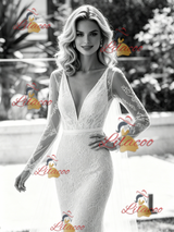 White Mermaid V-neck Long Sleeve Wedding Dress