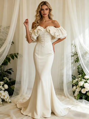 Ivory Mermaid Satin Off the Shoulder Pleats Wedding Dress