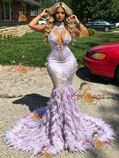 Purple Mermaid Halter Feather Prom Dress