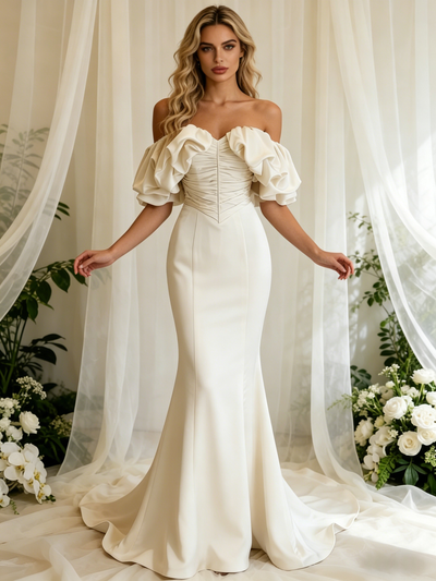 Ivory Mermaid Satin Off the Shoulder Pleats Wedding Dress