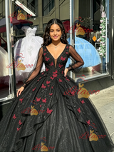Black LOng Sleeve V-neck Appliques Quinceanera Dress