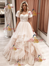 Champagne Tulle Puff Sleeve Lace Wedding Dress