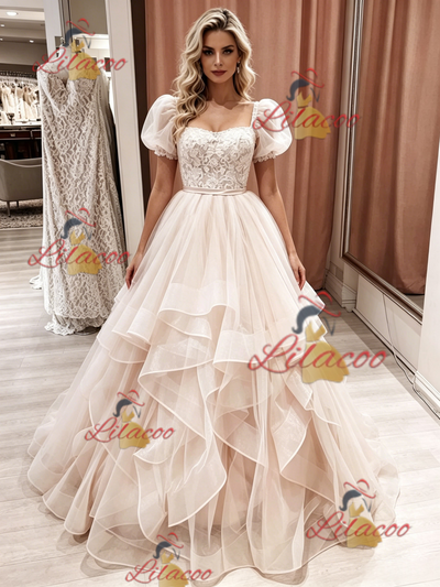 Champagne Tulle Puff Sleeve Lace Wedding Dress