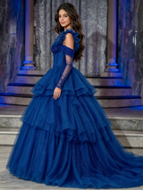 Blue Tulle Straps Tiers Beading Quinceanera Dress