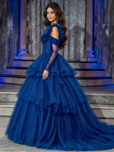 Blue Tulle Straps Tiers Beading Quinceanera Dress