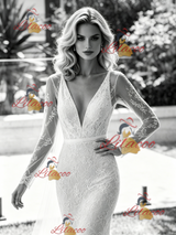 White Mermaid V-neck Long Sleeve Wedding Dress