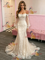 Champagne Mermaid Lace Long Sleeve Prom Dress