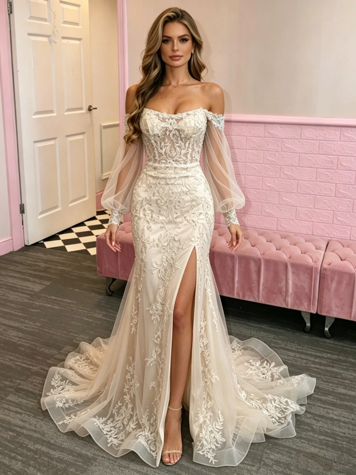 Champagne Mermaid Lace Long Sleeve Prom Dress