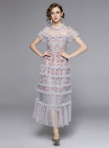 Round Neck Lotus Leaf Short Sleeve Perspective Gauze Dress