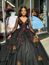Black LOng Sleeve V-neck Appliques Quinceanera Dress