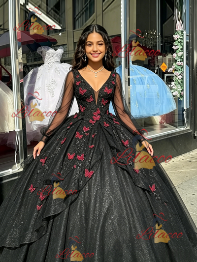 Black LOng Sleeve V-neck Appliques Quinceanera Dress