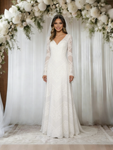 White Lace V-neck Long Sleeve Wedding Dress