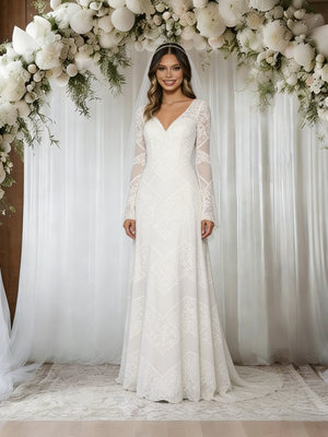 White Lace V-neck Long Sleeve Wedding Dress