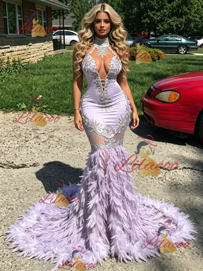 Purple Mermaid Halter Feather Prom Dress