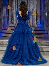 Blue Tulle Straps Tiers Beading Quinceanera Dress