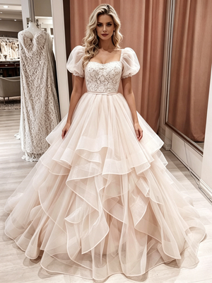 Champagne Tulle Puff Sleeve Lace Wedding Dress