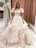 Champagne Tulle Puff Sleeve Lace Wedding Dress