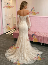 Champagne Mermaid Lace Long Sleeve Prom Dress