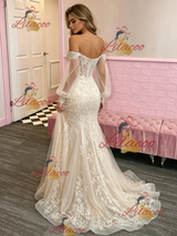 Champagne Mermaid Lace Long Sleeve Prom Dress