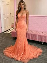 Orange Mermaid Lace Straps Prom Dress