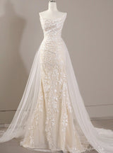 White Mermaid Tulle Lace Strapless Wedding Dress
