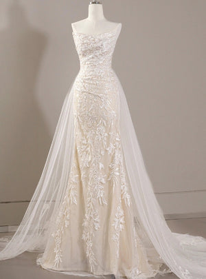White Mermaid Tulle Lace Strapless Wedding Dress