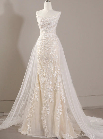White Mermaid Tulle Lace Strapless Wedding Dress