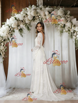 White Lace V-neck Long Sleeve Wedding Dress