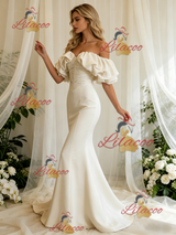 Ivory Mermaid Satin Off the Shoulder Pleats Wedding Dress