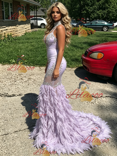 Purple Mermaid Halter Feather Prom Dress