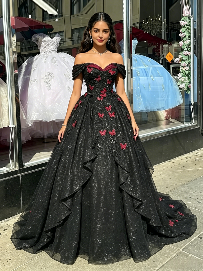 Black Tulle Appliques Quinceanera Dress