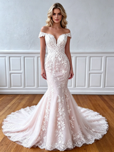 White Mermaid Lace Off Shoulder Wedding Dress