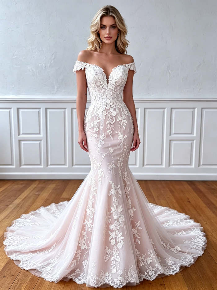 White Mermaid Lace Off Shoulder Wedding Dress