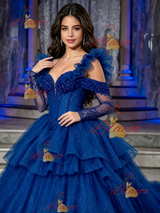 Blue Tulle Straps Tiers Beading Quinceanera Dress