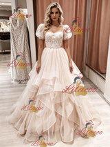Champagne Tulle Puff Sleeve Lace Wedding Dress