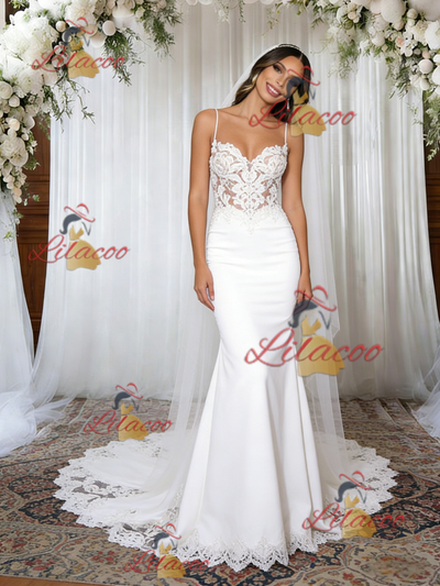 White Mermaid Straps Lace Wedding Dress