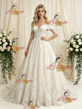 Vintage Lace Short Sleeve Beading Wedding Dress