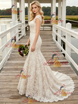 Champagne Mermaid Lace Cap Sleeve Wedding Dress