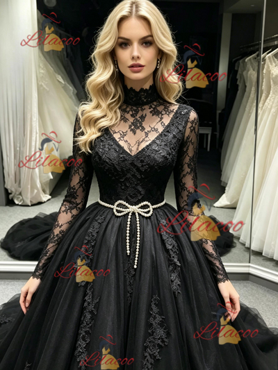 Black Tulle Long Sleeve Appliques Prom Dress