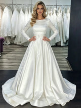 White Satin Long Sleeve Wedding Dress