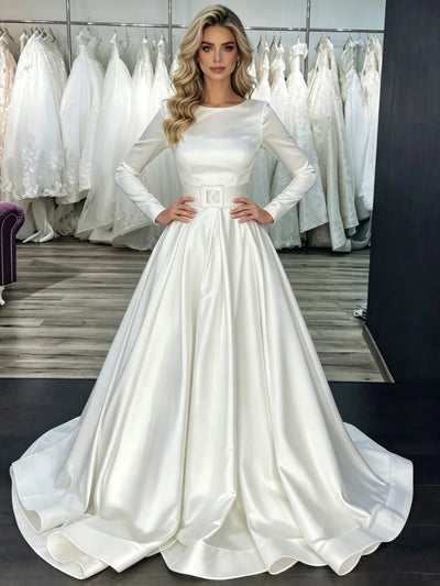 White Satin Long Sleeve Wedding Dress