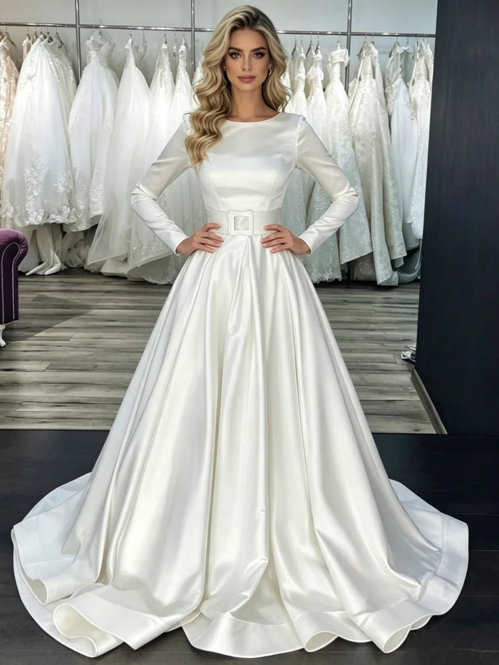 White Satin Long Sleeve Wedding Dress