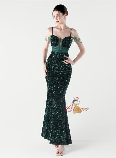 Mermaid Sequins Spaghetti Straps Appliques Prom Dress