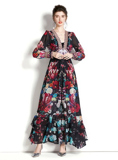 Long Sleeve Retro V-neck Lntern Sleeve Printed Dress