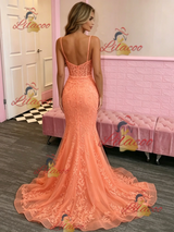 Orange Mermaid Lace Straps Prom Dress