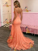 Orange Mermaid Lace Straps Prom Dress
