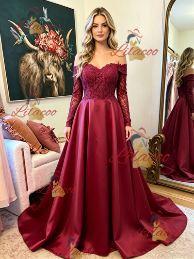 Burgundy Satin Long Sleeve Prom Dress