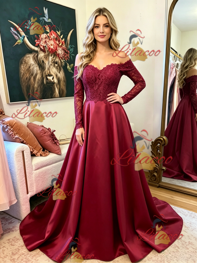 Burgundy Satin Long Sleeve Prom Dress