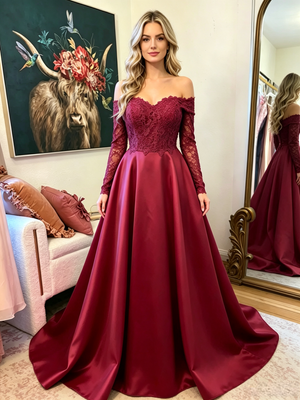 Burgundy Satin Long Sleeve Prom Dress